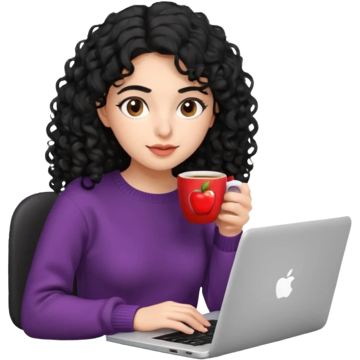 young Persian woman, 20 years old, black curly hair, wearing a sweater, holding a coffee cup and typing on a laptop, focused expression, 3D Apple emoji style emoji