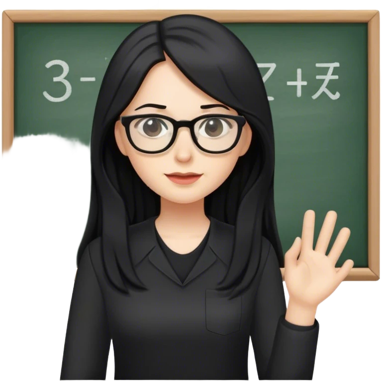 pale female teacher with long black hair, wearing glasses and black shirt teaching emoji