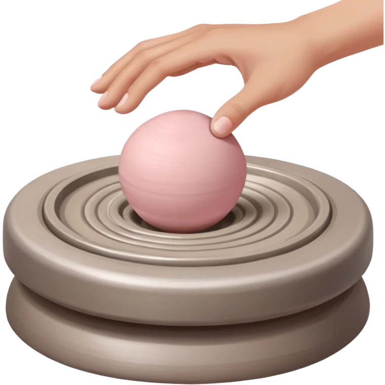 hand hovering over a centered pink ball of clay on a silver pottery wheel, not touching it yet, sensing position before contact emoji