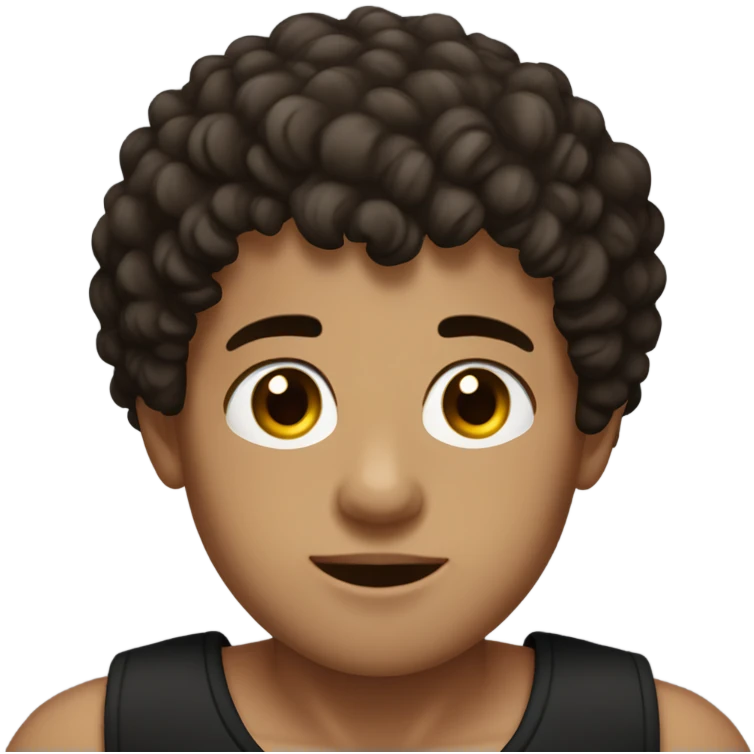 Boy with hair shaved on the sides and curly hair on top, dark brown eyes, wearing black tank top emoji