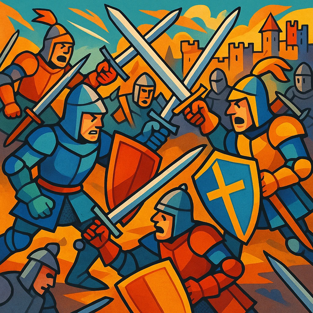 bataille médiévale, chevaliers en armure, épées et boucliers, style vibrant et détaillé emoji