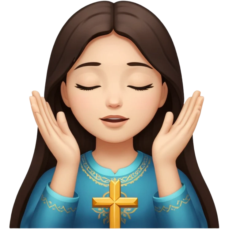 Girl long dark brown hair light medium skin worshipping God hands lifted eyes closed emoji