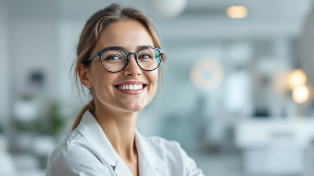 Cinematic still, Proffesional advertising of a smiling european white woman with glasses smiling, minimalistic ophthalmologist interior in background, leading  lines, "rule of thirds", 60/30/10 colors, soft light emoji