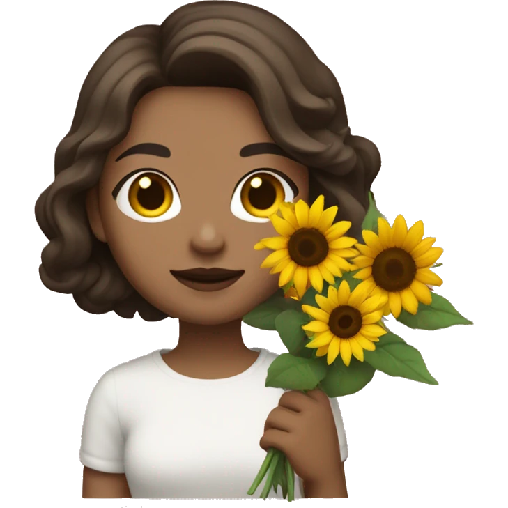 a white girl with shoulder length dark brown hair, small rosy lips holding a bouquet of sunflower emoji