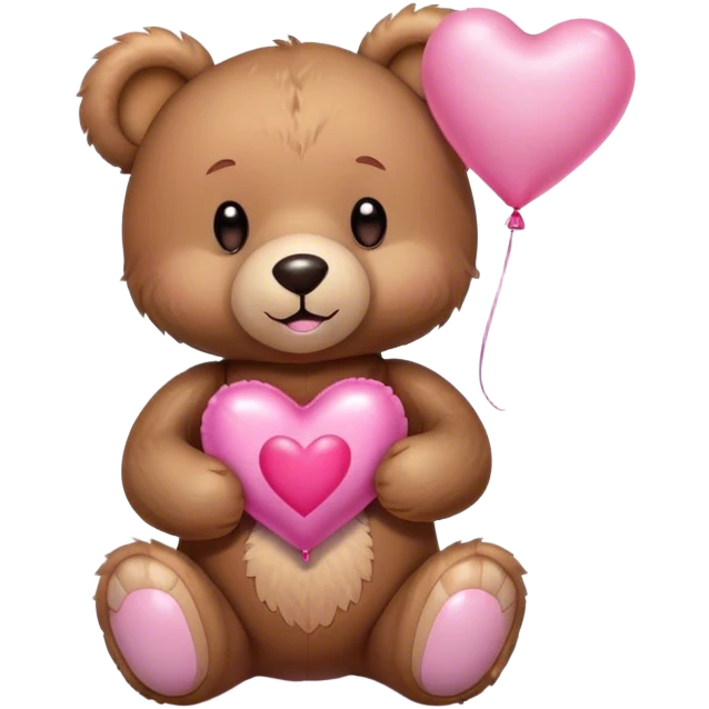 Adorable Plush brown teddy bear holding an inflatable metallic pink heart-shaped balloon in his paw and love letter of the color pink emoji