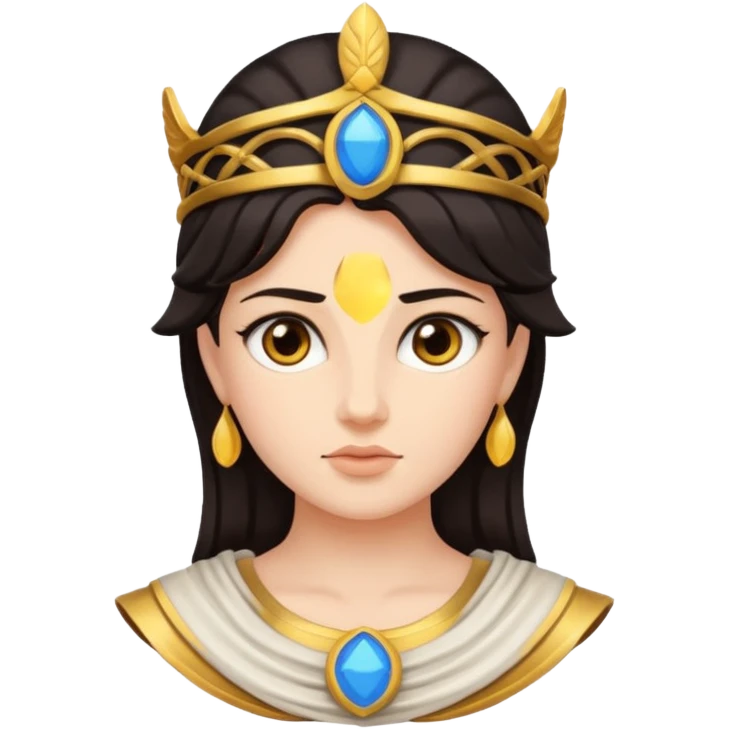 Athena the Greek goddess, dark haired, facing camera, in emoji style important deity in Greek mythology, daughter of Zeus, Strategic warfare Wisdom and intellect Craft, engineering, building, navigation Justice good governance Protection of cities embodys rational, disciplined intelligence  emoji