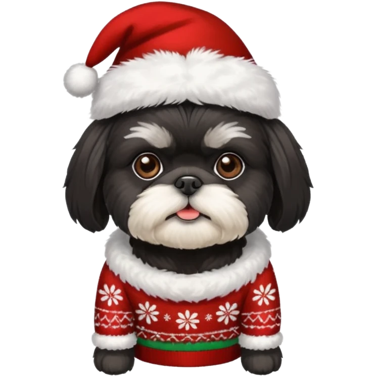 ALL BLACK SHIH TZU WITH CHRISTMAS SWEATER AND HAT emoji