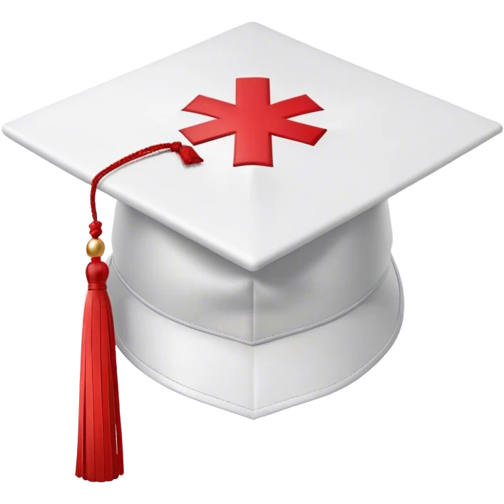  white medical graduation cap (mortarboard) with a red cross symbol in the center. The cap has a flat, square top and a slightly curved brim. A red tassel hangs from one corner, gently swaying. The design is clean and professional, symbolizing a medical graduate. The background is plain white emoji
