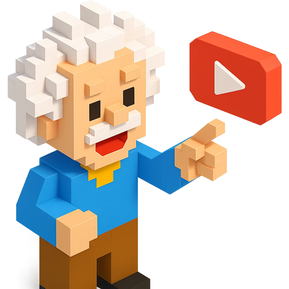 voxel style Albert Einstein smiling and pointing at a floating YouTube play button, isometric view emoji