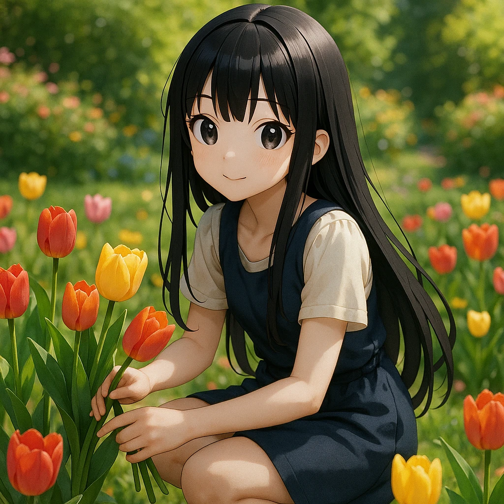 3D anime style girl with long black hair and thin bangs, picking a bouquet of tulips in a garden emoji
