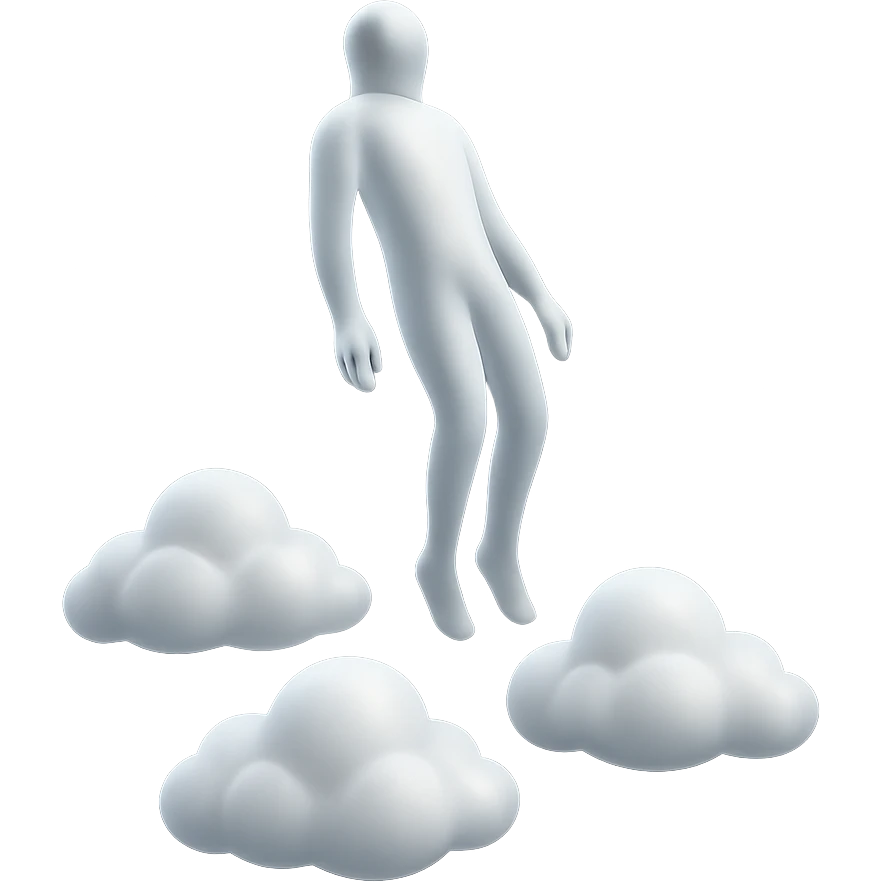 lifeless human body flying vertically, clouds very white, fluffy, convex, matte glass style emoji