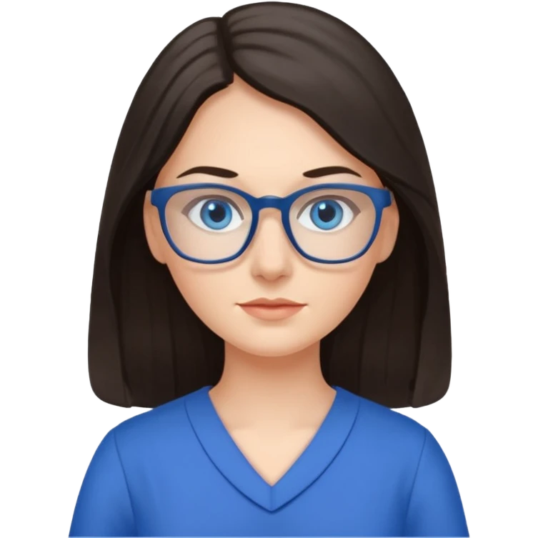 long dark hair, blue eyes, glasses teacher female, blue dress emoji