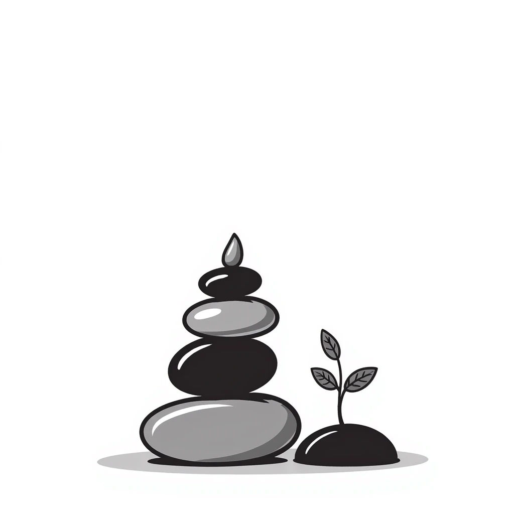 A zen-like balanced stack of smooth stones with a small plant growing beside it, representing balance and stress relief. Simple hand-drawn doodle style. emoji
