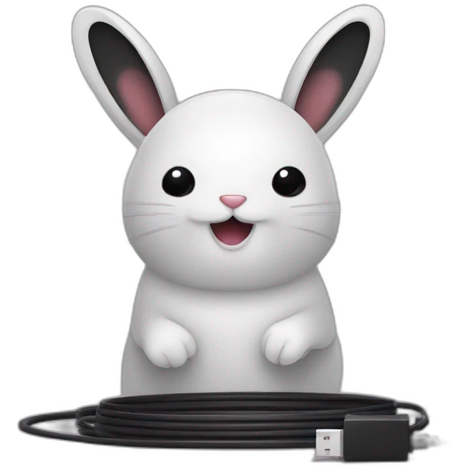 A black rabbit with a white cable of charger cut in half in his mouth  emoji