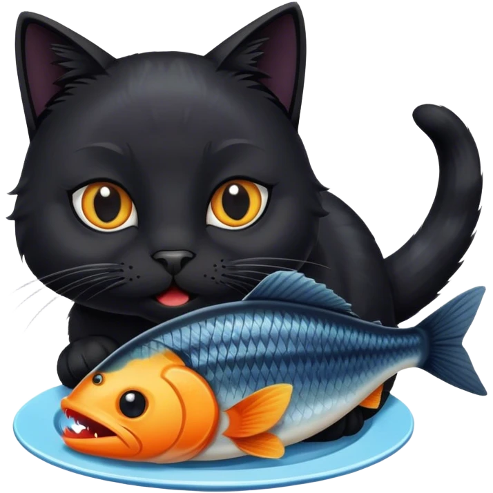 black cat eating a fish emoji