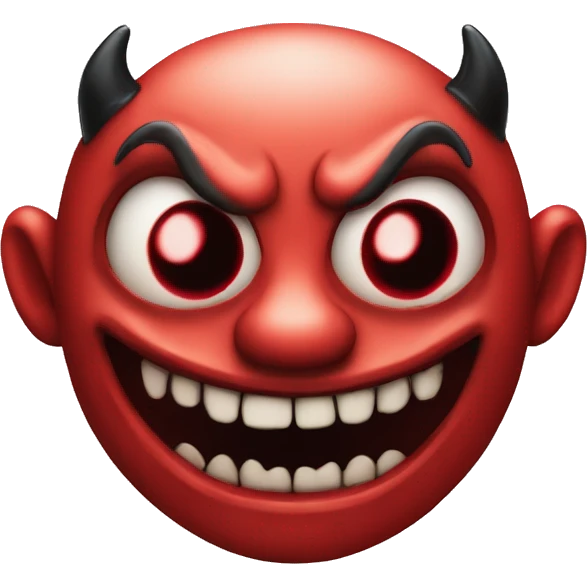 Scary evil demon with red face and black eyes with creepy wide smile emoji
