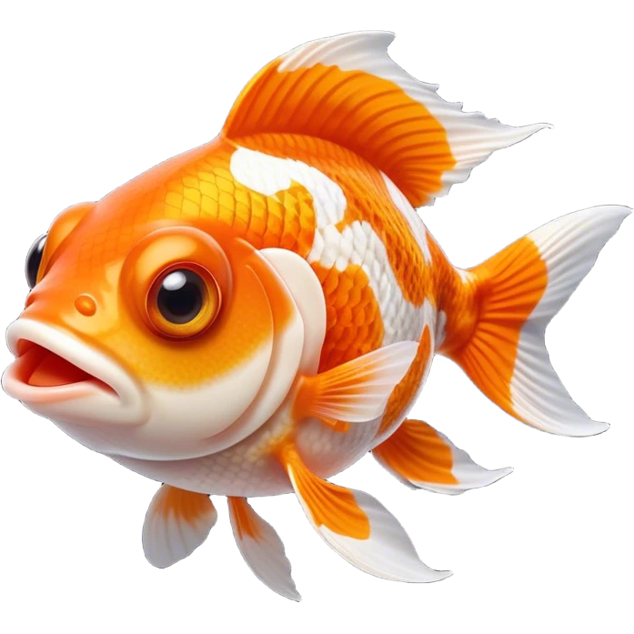 Cinematic Comical Orange and White Goldfish Portrait Emoji, Head tilted dramatically with an exaggeratedly amused expression, featuring a striking body with bold orange and white patterns, wide, expressive golden eyes filled with playful disbelief, Simplified yet hilariously expressive features, highly detailed, glowing with a slightly sassy glow, high shine, dramatic yet playful, stylized with an air of cheeky mischief, bright and endearing, soft glowing outline, capturing the essence of a spirited and over-the-top goldfish, so meme-worthy it feels like it could side-eye its way into internet fame instantly! emoji