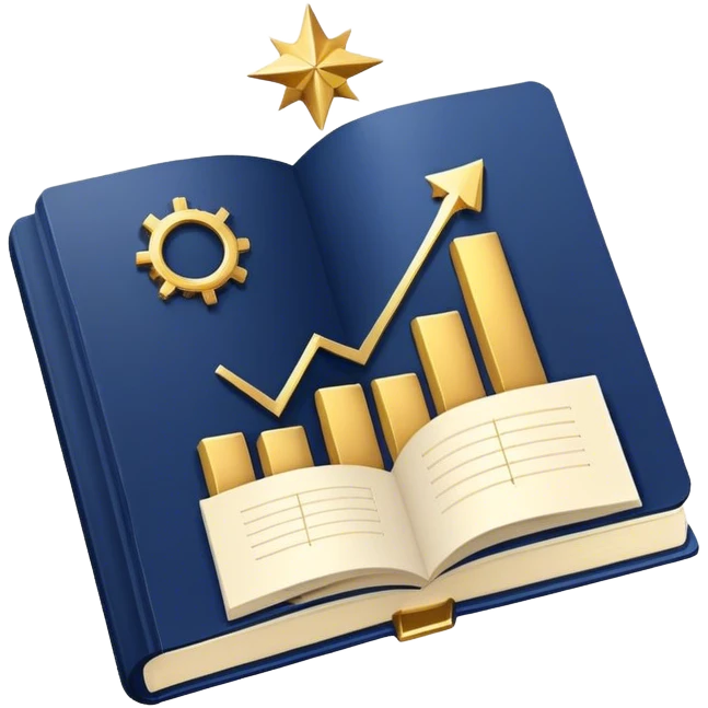 A navy blue productivity book with gold details, chart with upward trend aura, radiating productivity, strategy, and success in motion- emoji