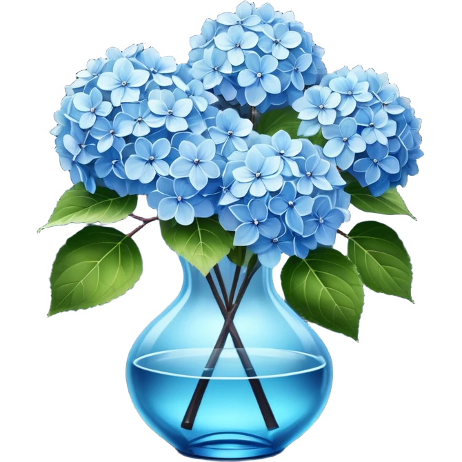 Hyperrealistic, 3D rendering, still life, smooth, clean thin lines, 8k, very Lush Hydrangeas with vivid leaves in pale blue crystal translucent glass vase, on dark wood stained table emoji