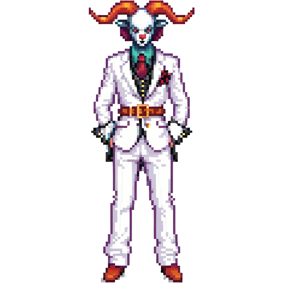 full-body demonic clown in a white leisure suit with bellbottom pants, bald, with black ram horns, flashy belt, ruffled shirt, no neck tie emoji