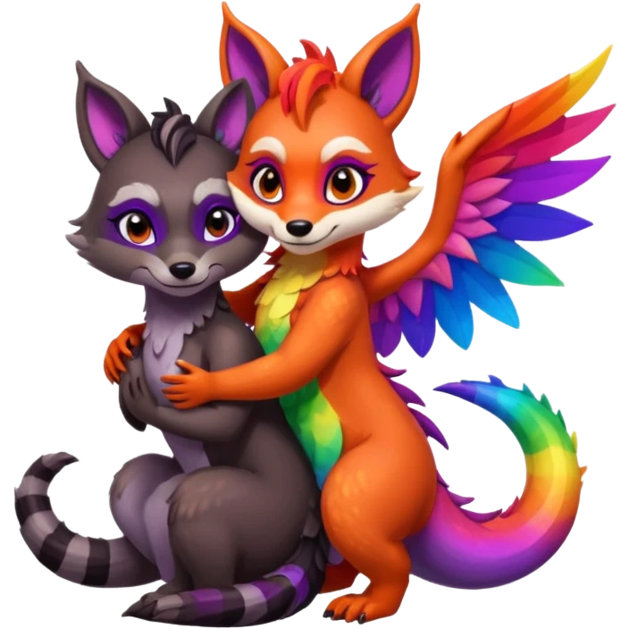 black female raccoon dragon hybrid with rainbow colored wings and purple eyes giving a big hug to a red female fox dragon hybrid with rainbow colored wings and orange eyes emoji