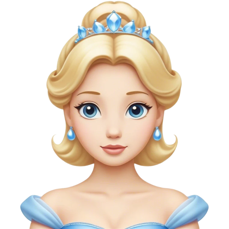 Cinematic Elegant Cinderella Portrait Emoji, rendered in a beautifully detailed, vector-style with minimal shading and bold, simplified shapes. Depict Cinderella in her classic ball gown (chest and above) with fair, porcelain skin and elegantly styled blonde hair, her eyes soft and kind, and her expression serene and graceful. The design glows with a gentle, enchanting radiance and high shine, capturing the timeless beauty of a fairy tale princess. emoji