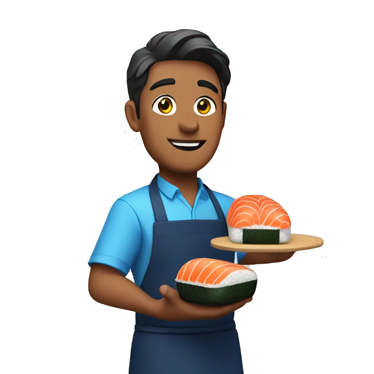 guy in a blue apron holding sushi in his hands emoji