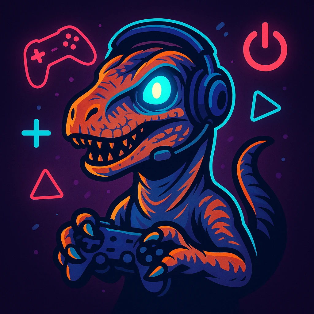 a gaming raptor, stylized raptor with glowing eyes, surrounded by gaming icons emoji
