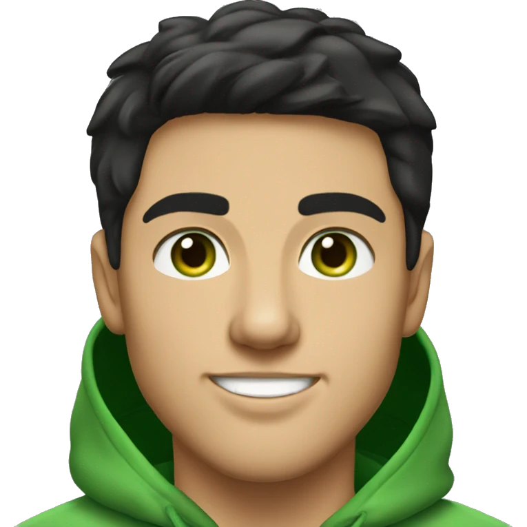 A young man with black hair and green eyes. Wearing a green hoodie. Smiling. Hairstyle like Tom Cruise emoji