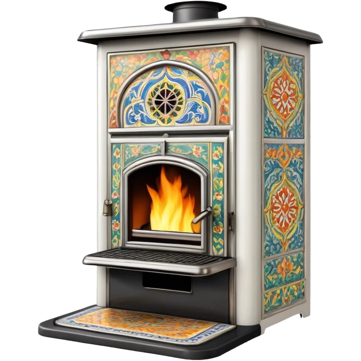 Ornamental European coal stove from the 1900s with ceramic tile decorations, tall design with metal door and coal burning inside emoji