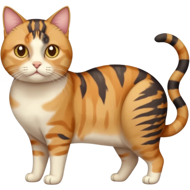 full body calico tabby cat with skinny head and fat body with an anxious face emoji