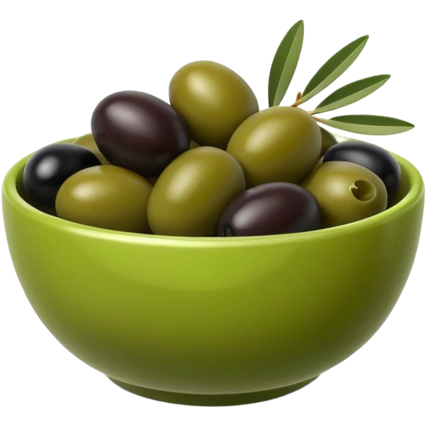 olives object icon, black and green olives in a small bowl, glossy look, 3D cartoon, mobile game icon style, clean background, no text, no watermark
 emoji