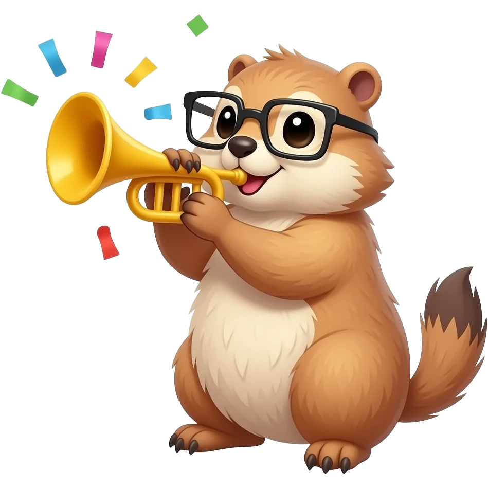 A cute prairie dog with square Glasses blowing on a party horn with confetti all around emoji