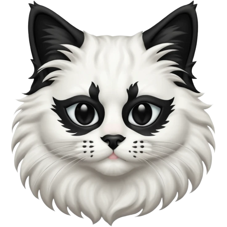 black and white long hair cat. black nose. black splotch near nose on the right side. black mask. white chest.  emoji