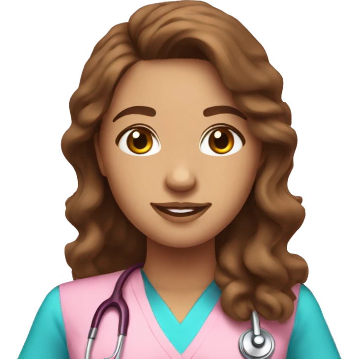 Pretty nurse with long brown wavy hair with pink scrubs emoji
