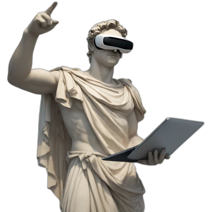 Roman sculpture with virtual reality goggles pointing his index finger to the sky and holding a laptop with his other hand emoji