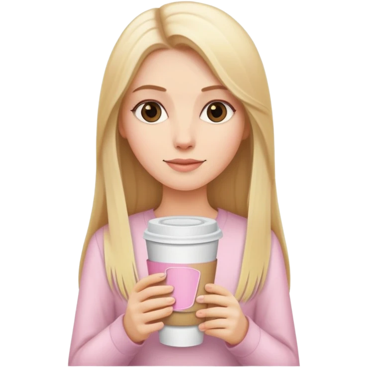 A white girl with long blonde straight hair and a pale pink paper cup of coffee and emoji