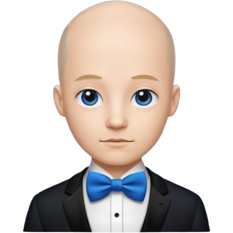 semi Bald with blue bow tie, midnight balck dress, age. emoji