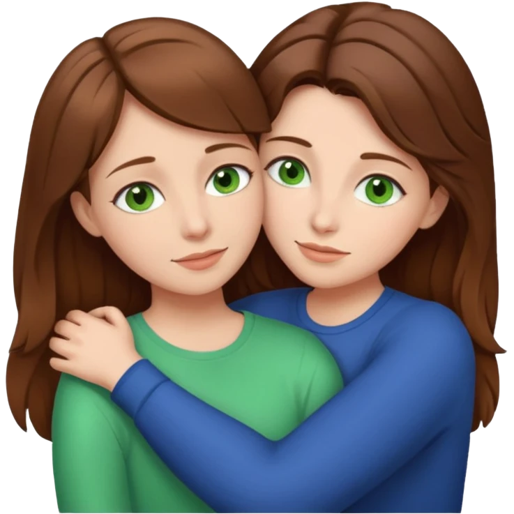 Mom and daughter with brown hair and green eyes hug emoji