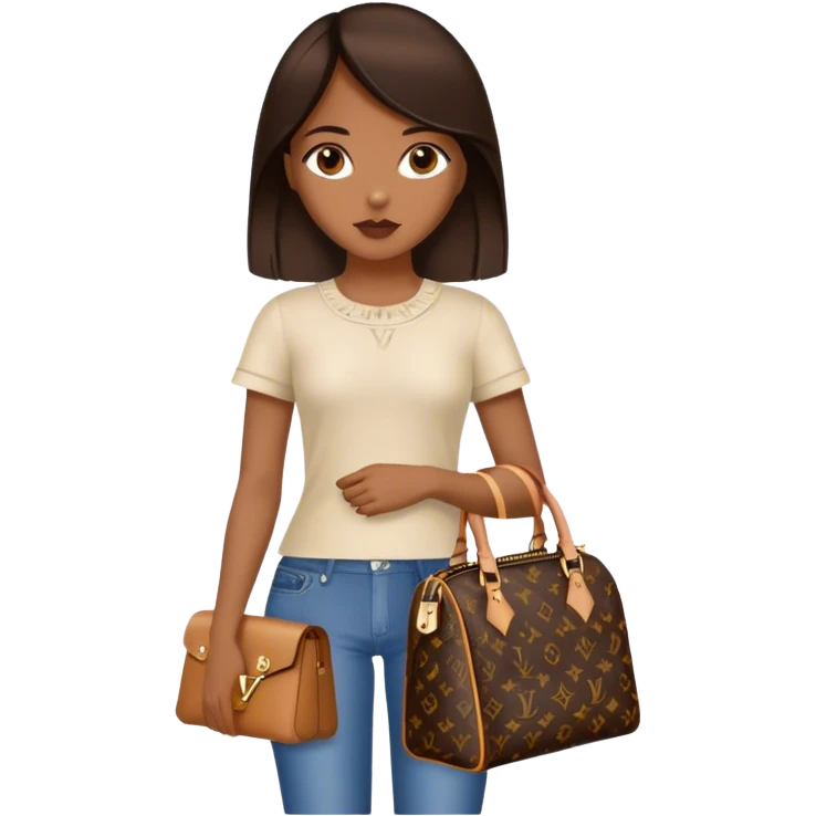  Brown girl with dark brown medium straight hair carrying one Louis Vuitton purse on her arm while standing  emoji