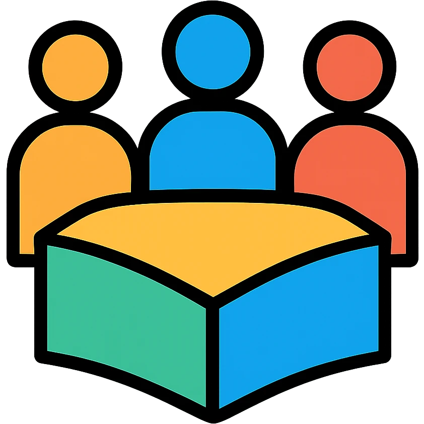Iterate on the original design by making the table, book, and people more abstract and symbolic using geometric shapes and dynamic forms to suggest collaboration and study. Keep the logo visually engaging and less literal. No text. emoji