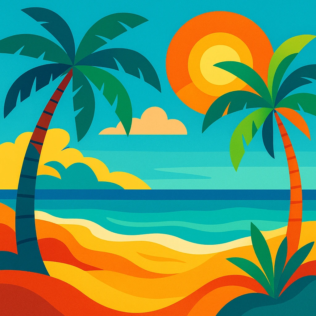 summer vibrant beach scene with palm trees sun and ocean colorful style emoji
