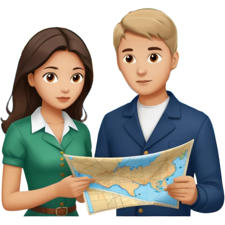 Russian young man and elegant fair-skinned Latina girl in costal outfits with a map planning  emoji