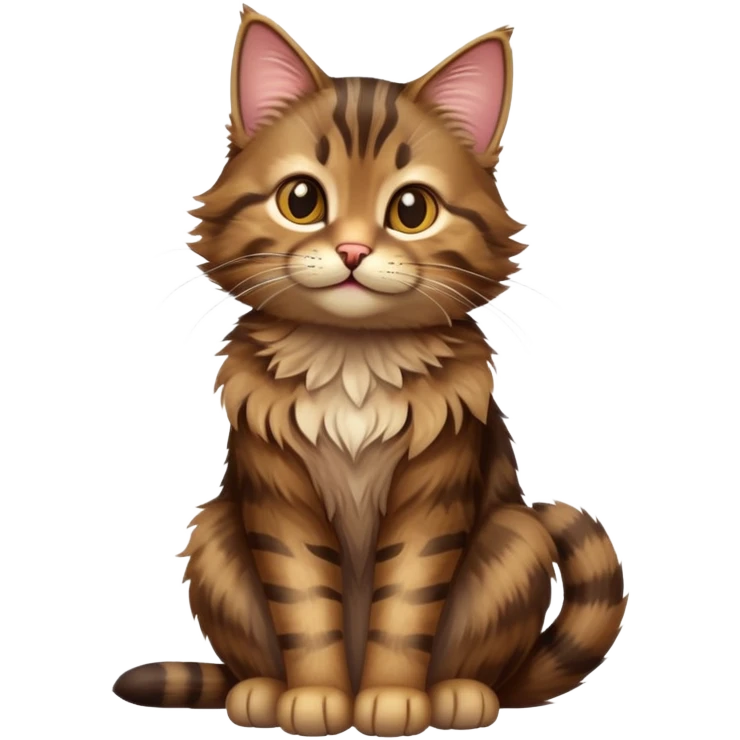 cinematic-[brown tabby cat]-realistic-full-body-sitting-emoji,-tail-curled-playfully-around-its-paws,-head-tilted-dramatically,-scruffy-[tabby]-fur,-simplified-yet-realistic-adorable-features,-highly-detailed,-glowing-with-an-almost-sarcastic-glow emoji