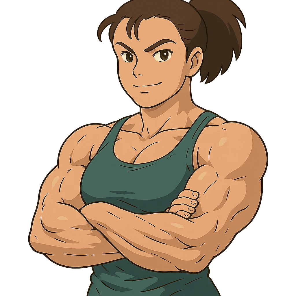 muscular woman, ghibli style, confident expression emoji