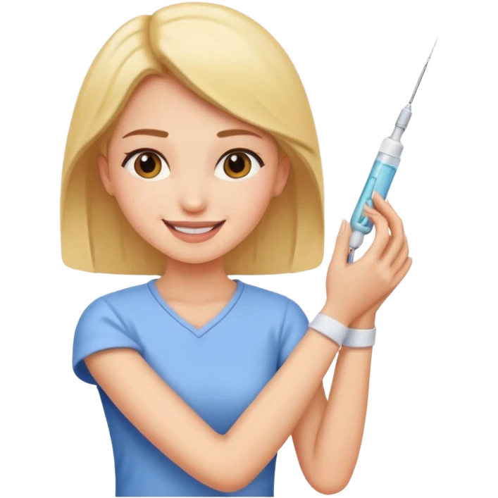 young woman receiving an injection in her arm, happy emoji