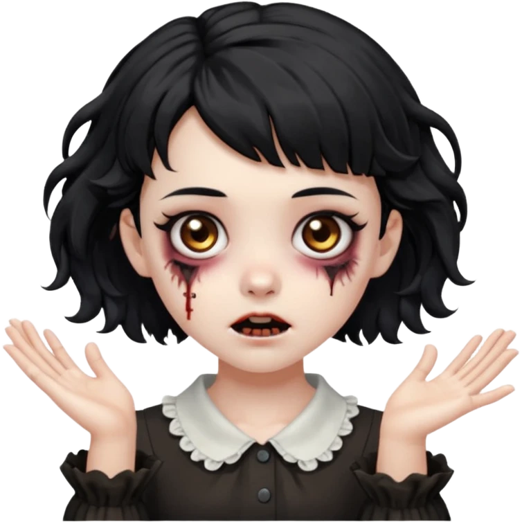 Cabelo ondulado  um pouco cheio e franja curta  Olhos marrons e pequenos e feita d ezumbi mais bonita com cabelo amarro na e com as mãos assim tipo assim🧟‍♀️ emoji