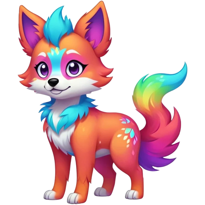 Vibrant multicolored neon-colored Falvie-Fionbri-creature-sparkle-dog-fursona, full body emoji