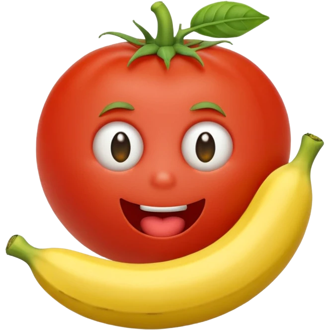 A cute tomato with a face eating a banana emoji