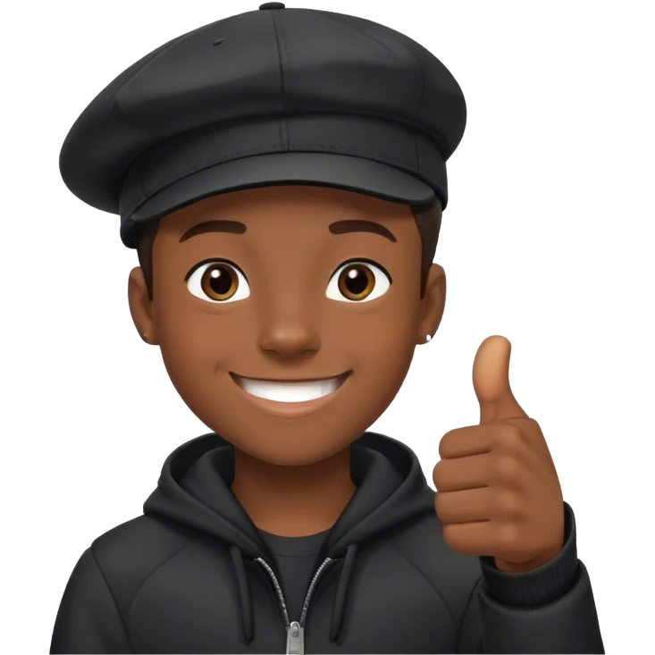 21-year-old black boy, smiling with his thumbs up, with a cap and black coat, emoji